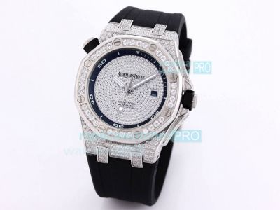 Clone AP Royal Oak Offshore Iced Out SS Diamond Bezel Black Rubber Band